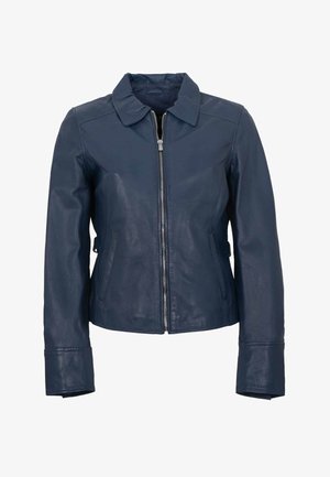 Navy blue leather jacket with front zipper, straight collar, long sleeves, and side pockets.