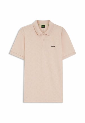 Polo a maniche corte beige chiaro con delicato motivo geometrico e logo "BOSS" nero sul petto sinistro.