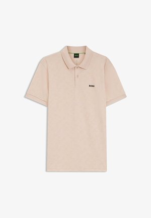 Polo a maniche corte beige chiaro con delicato motivo geometrico e logo "BOSS" nero sul petto sinistro.