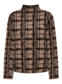 Pull à carreaux marron et crème avec col montant, présentant une texture duveteuse et des manches longues, accentué par des lignes noires en forme de grille sur toute la surface.