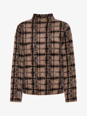 Pull à carreaux marron et crème avec col montant, présentant une texture duveteuse et des manches longues, accentué par des lignes noires en forme de grille sur toute la surface.