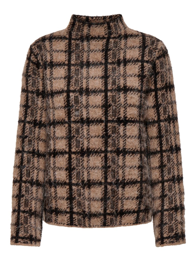 Pull à carreaux marron et crème avec col montant, présentant une texture duveteuse et des manches longues, accentué par des lignes noires en forme de grille sur toute la surface.