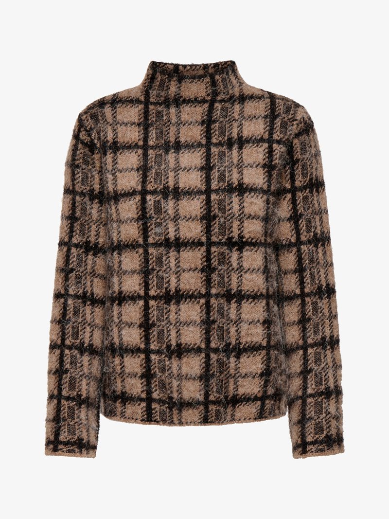 Pull à carreaux marron et crème avec col montant, présentant une texture duveteuse et des manches longues, accentué par des lignes noires en forme de grille sur toute la surface.