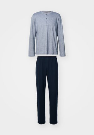 Harmaa pitkähihainen paita, jossa on kolme nappia kaula-aukossa, yhdistetty tummansinisiin joustovyöhamosiin, jotka on valmistettu pehmeästä kankaasta.