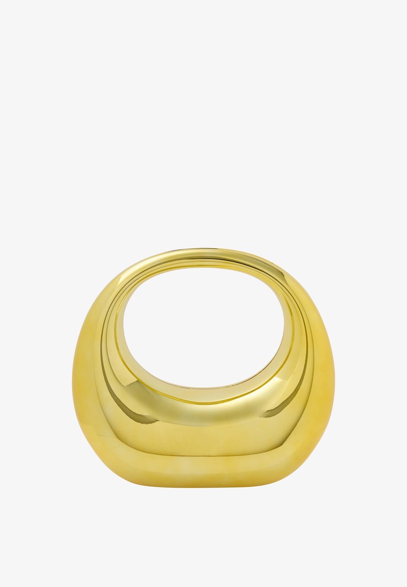 Złoty dekoracyjny wazon o gładkim, zaokrąglonym kształcie i szerokim otworze. Posiada wypolerowaną, refleksyjną powierzchnię. Bez dodatkowych zdobień.