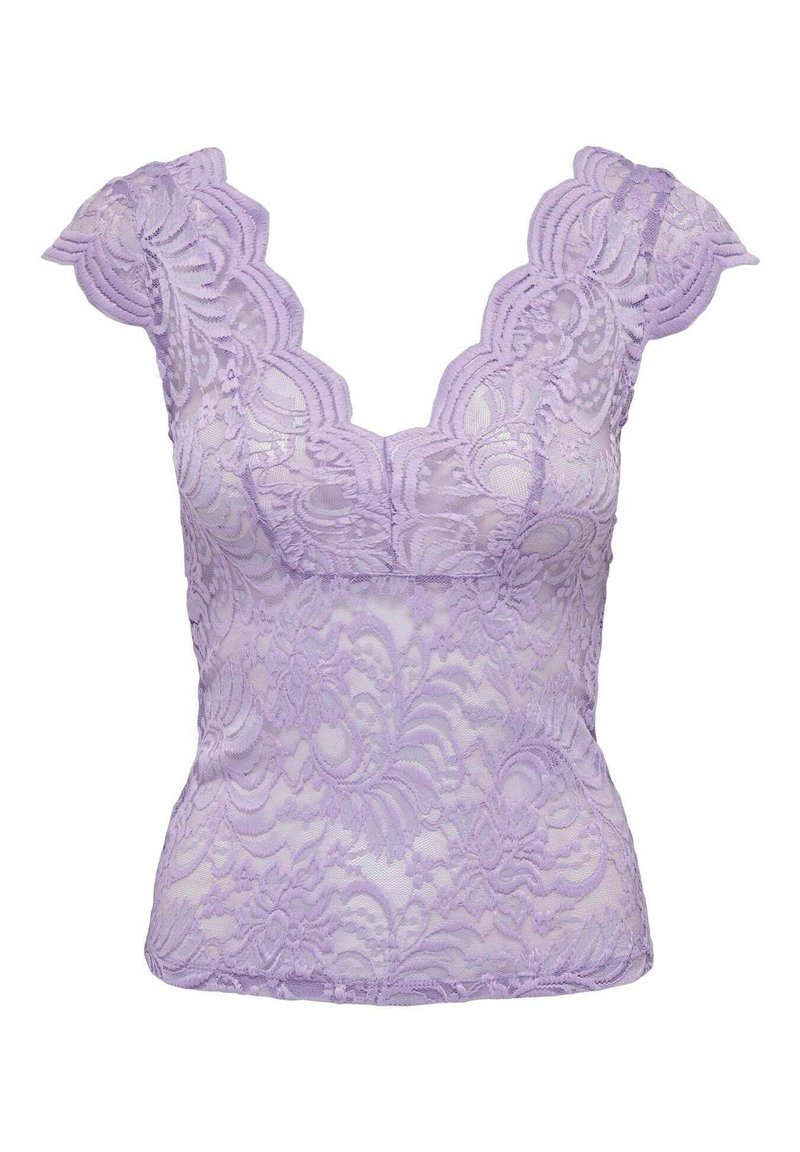 Top in pizzo lavanda con bordi ondulati e scollatura a V. Caratterizzato da intricate fantasie floreali e maniche a cappuccio. Tessuto leggero e semitrasparente.