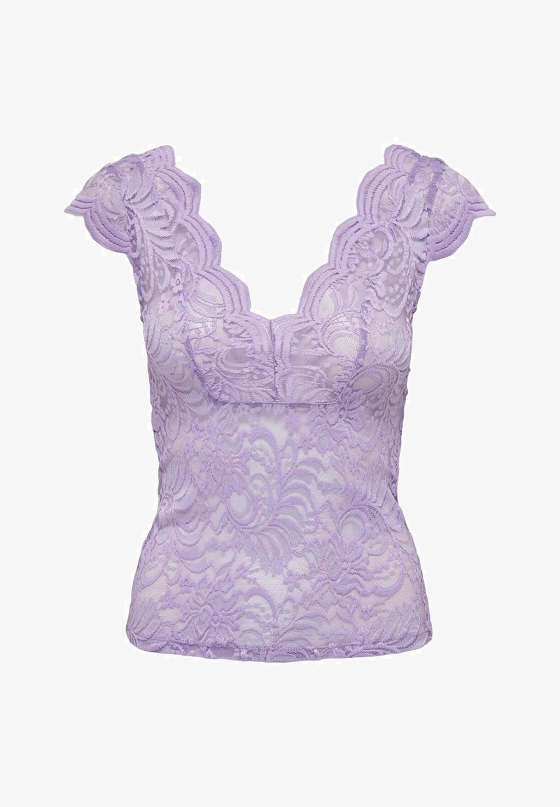 Top in pizzo lavanda con bordi ondulati e scollatura a V. Caratterizzato da intricate fantasie floreali e maniche a cappuccio. Tessuto leggero e semitrasparente.