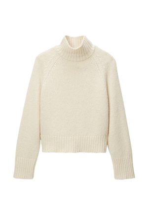 Un pull court de couleur crème avec un col roulé à côtes hautes, des poignets côtelés, et un tissu tricoté doux et texturé.
