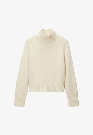 Un pull court de couleur crème avec un col roulé à côtes hautes, des poignets côtelés, et un tissu tricoté doux et texturé.