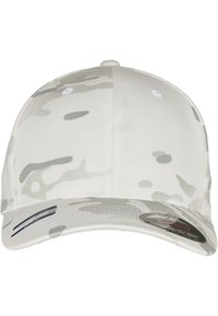 Hvid baseballcap med gråt camouflagemønster. Har en rund krone, en stiv skygge og ventilationshuller. Brandinglabel på siden.