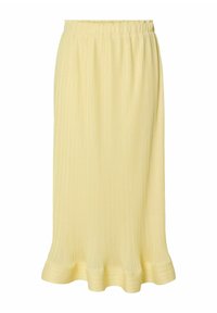 Falda midi amarilla plisada con cintura elástica y dobladillo acampanado. Confeccionada con tela ligera y texturizada con líneas verticales.