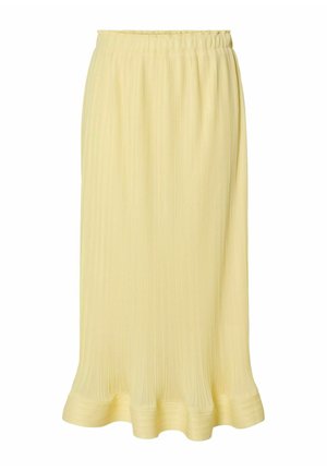 Żółta plisowana spódnica midi z elastycznym paskiem w talii i rozkloszowanym dołem. Wykonana z lekkiego, teksturowanego materiału z pionowymi liniami.