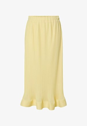 Żółta plisowana spódnica midi z elastycznym paskiem w talii i rozkloszowanym dołem. Wykonana z lekkiego, teksturowanego materiału z pionowymi liniami.