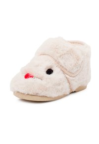 Pantofole beige morbide con design a coniglio, dotate di un esterno soffice, grandi orecchie, occhi neri e un naso rosso. Suola piatta per il comfort.