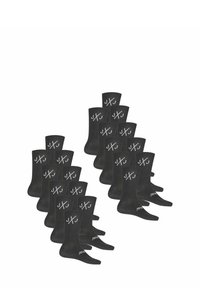 Black socks with a ribbed design, featuring white logo accents. Twelve pairs displayed, with crew length and a smooth texture.