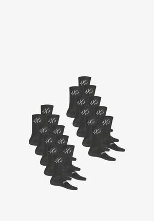 Black socks with a ribbed design, featuring white logo accents. Twelve pairs displayed, with crew length and a smooth texture.
