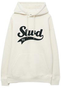 Sweat à capuche crème avec une poche kangourou à l'avant, un cordon de serrage pour la capuche et un graphique noir "Sturd 91" sur la poitrine. Tissu doux et poignets côtelés.