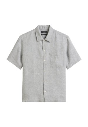 Short-sleeve gray button-up shirt made of linen blend, featuring a chest pocket and a subtle textured pattern. White buttons finish the design.