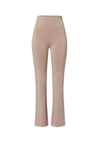 Beżowe spodnie z wysokim stanem i szerokimi nogawkami, uszyte z elastycznego materiału. Gładka tekstura bez widocznych szwów i wzorów, o czystym, prostym wzornictwie.