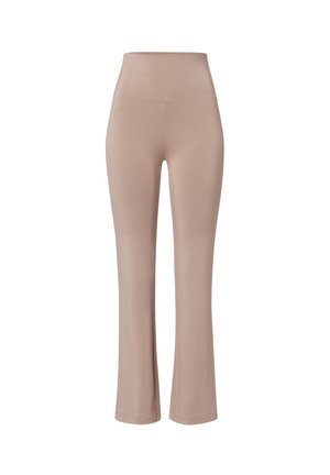 Pantaloni beige a vita alta a zampa d'elefante realizzati in tessuto elasticizzato. Texture liscia senza cuciture o pattern visibili, caratterizzati da un design pulito e semplice.