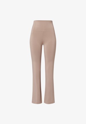 Beige, hoch taillierte, ausgestellte Hose aus dehnbarem Stoff. Glatte Textur ohne sichtbare Nähte oder Muster, mit einem klaren, schlichten Design.