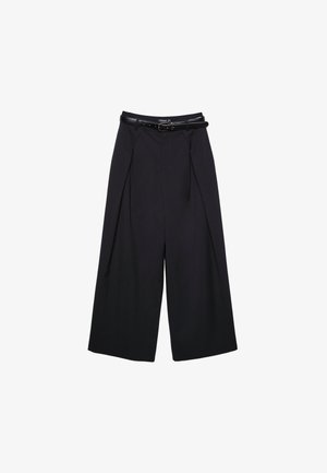 Black wide-leg trousers made of smooth fabric, featuring a high waist and belt loops, with pleated front detailing and no visible patterns.