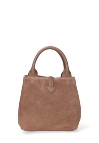 Borsa in suede marrone con un design strutturato, manici corti in pelle liscia e un accento decorativo in pelle sulla chiusura.