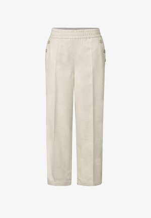 Lichtbeige linnen broek met een ontspannen pasvorm, elastische tailleband en twee zijzakken met decoratieve knopen aan de voorkant.