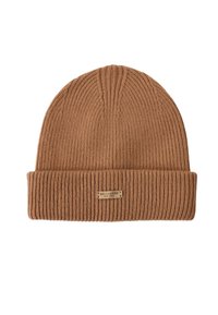 Brown ribbed beanie with a folded cuff. Made from a textured knit material featuring a small tag that reads "BELLEMERE NEW YORK."