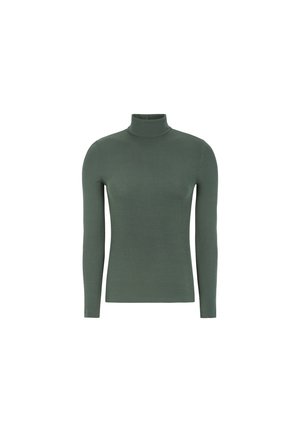 Zeleno pulover s turtleneck ovratnikom, izdelan iz rebraste tkanine, z dolgimi rokavi in prilega silhueti, kar ustvarja eleganten, minimalističen dizajn.