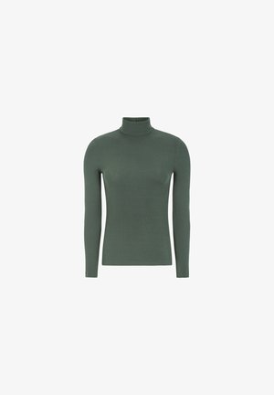 Groene coltrui van ribbelstof, met lange mouwen en een aangesloten silhouet, wat zorgt voor een strakke, minimalistische uitstraling.