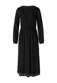Czarna sukienka z długim rękawem, wykonana z przezroczystej tkaniny, z marszczoną talią i teksturowanym wzorem małych czarnych kropek w całej kreacji.