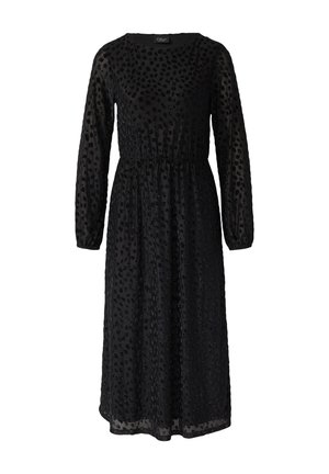 Schwarzes langärmeliges Kleid aus transparenter Stoffqualität, mit einem gerafften Tailleneinsatz und einem strukturierten Muster aus kleinen schwarzen Punkten.