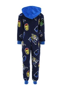 Navy fleece onesie featuring colorful superhero faces. Blue hood and cuffs, soft texture, long sleeves, and full-length legs with pattern design.