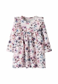 Robe à manches longues en fleurie de couleur rose clair avec des accents de manches froncées. Présente une taille froncée ornée d'un mélange vibrant de fleurs violettes et bleues.