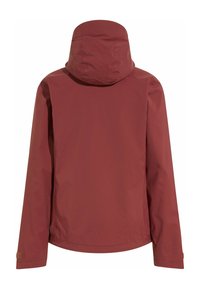 Red waterproof jacket with a hood, featuring a smooth texture, adjustable cuffs, and a straight hemline. Plain design, no visible patterns or accents.