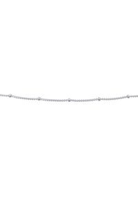 Collana in argento con maglie attorcigliate, caratterizzata da piccole perle sferiche distribuite uniformemente lungo la sua lunghezza. Texture liscia con finitura metallica.