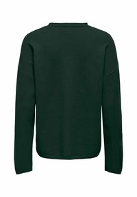 Pull vert foncé à manches longues vu de dos avec un col rond et des poignets et un bas côtelés.
