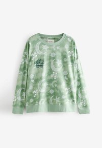 Grøn tie-dye sweatshirt med hvide halvmåner, stjerner og lanterner. Har rund halsudskæring og ribbede manchetter.