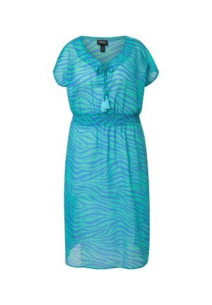 Vestido de tul turquoise con un patrón de rayas de cebra, detalle de lazo en el cuello, mangas cortas y cintura elástica. Presenta borlas turquoise.