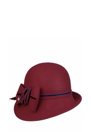 Burgundy cloche hat with a blue-trimmed band and a decorative bow on the side.