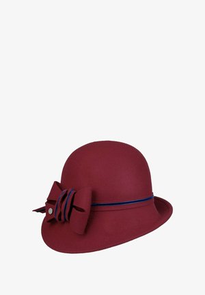 Burgundy cloche hat with a blue-trimmed band and a decorative bow on the side.