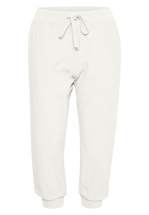 Hvite, lette joggebukser med elastisk midje, snøring og mansjettkant ved ankelen. Glatt tekstur og avslappet passform.