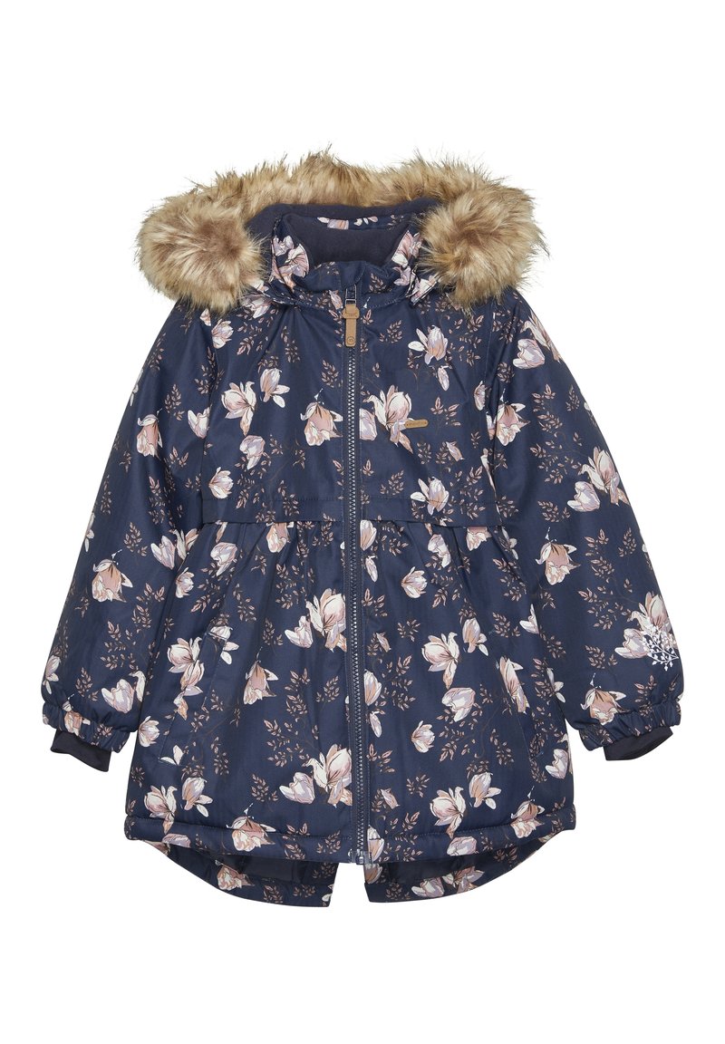 Manteau d'hiver bleu à motif floral avec une capuche à fausse fourrure amovible, des poignets élastiqués et une fermeture éclair frontale. Comprend une couture à la taille et un rembourrage léger.