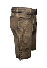 Braune Lederhosen mit aufwändiger goldener Stickerei, Gürtelschlaufen und einer dekorativen Schnürung am Saum. Einschubtasche vorhanden.