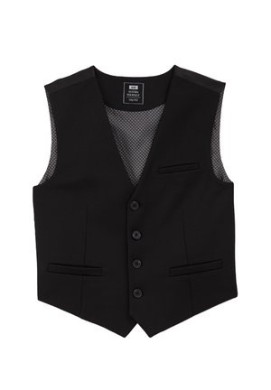 Zwart formeel vest met vier knopen, drie bieszakken en een patroon gevoerde binnenkant, maat 146/152.