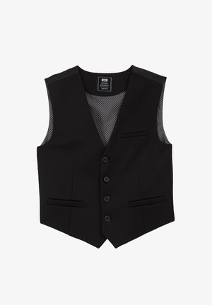 Sort formel vest med fire knapper, tre paspolerede lommer og for med mønster, mærket størrelse 146/152.
