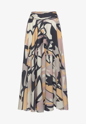 Gonna midi svasata realizzata in tessuto leggero, caratterizzata da un mix di motivi astratti neri, beige e rosa, con una vita arricciata.