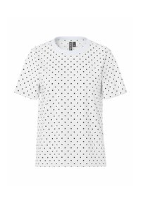 Camiseta blanca de manga corta con escote redondo, que presenta un patrón de puntos negros en toda su superficie. Fabricada en una tela suave y ligera.