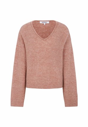 Rosa sweater lavet af blødt materiale, med V-hals, lange ærmer og et cropped design med subtil tekstur.